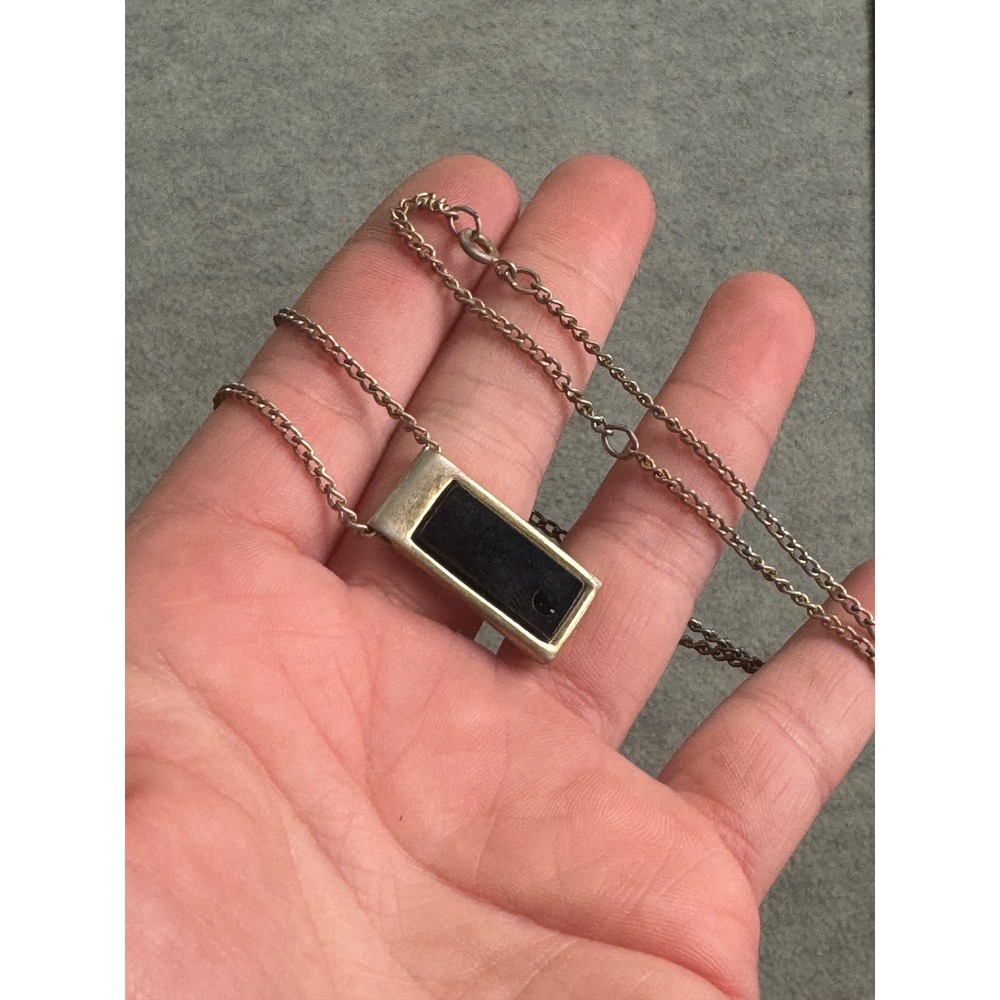 Vintage Avon Rectangular Black Inlay Pendant Necklace Silver Tone 18 Inch Chain